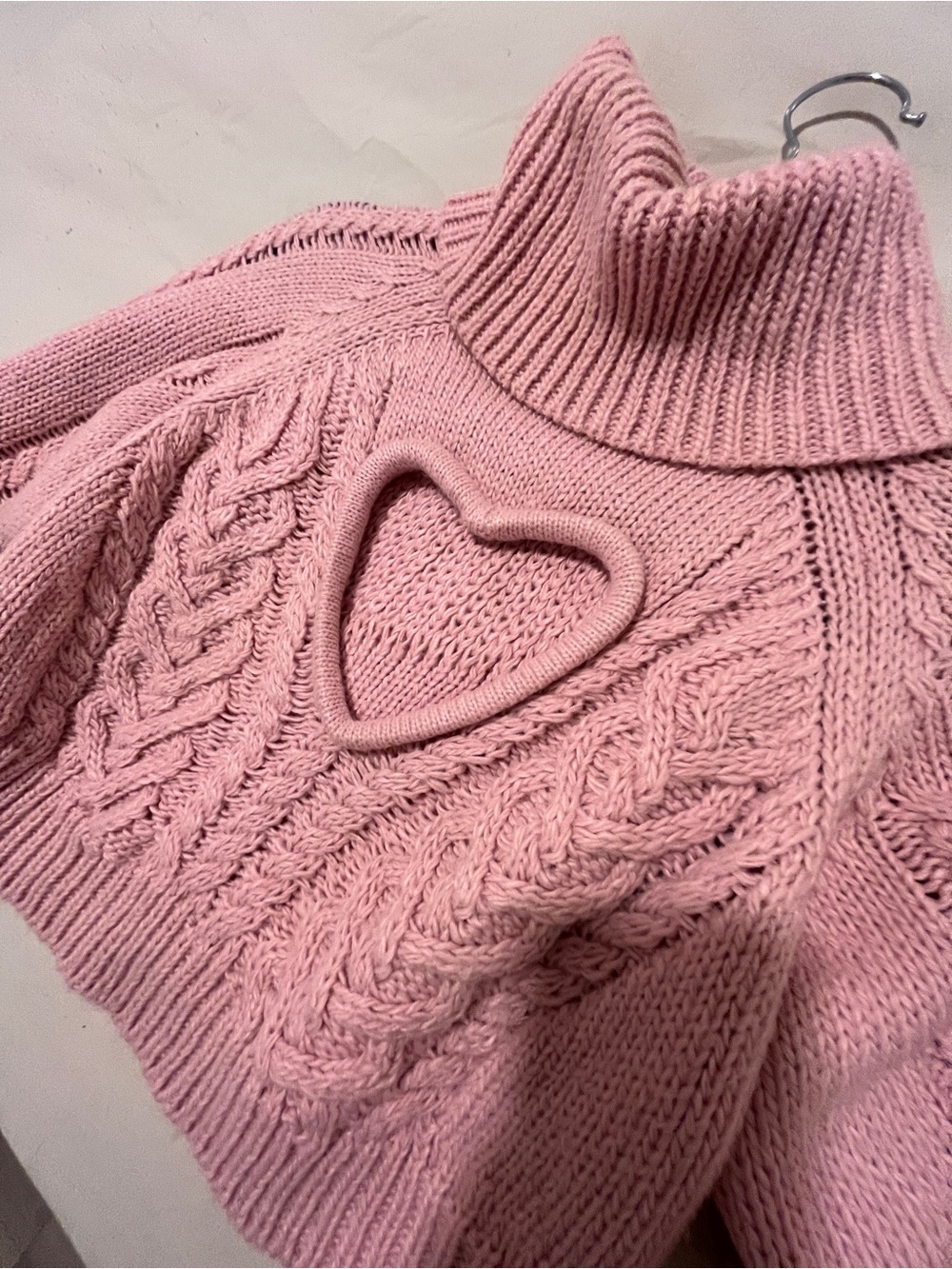 For Love & Lemons Pink Cable Knit Turtleneck Sweater with Heart Cutout